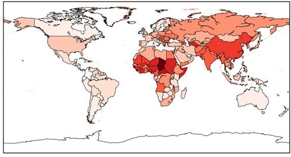 Color-coded world map using red gradients to depict data intensity across countries, highlighting regions in Africa and Asia with darker shades.