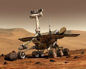 Mars-Erkundungs-Rover. Bild: Daniel Maas Mars-Rover mit sechs Rädern und Kameras auf der Marsoberfläche.
