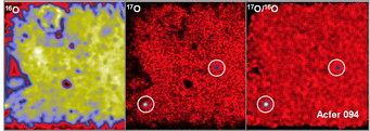 Figure 3. 16O, 17O, and 17O/16O ion images of a 9 x 9 µm2-sized area in the matrix of the Acfer 094 meteorite. Two presolar silicate grains, about 300 nm in size, can be recognised by large enrichments in 17O (white and blue hotspots, respectively. Images: MPI Chemistry. Figure 3. 16O, 17O, and 17O/16O ion images of a 9 x 9 µm2-sized area in the matrix of the Acfer 094 meteorite. Two presolar silicate grains, about 300 nm in size, can be recognised by large enrichments in 17O (white and blue hotspots, respectively. Images: MPI Chemistry.