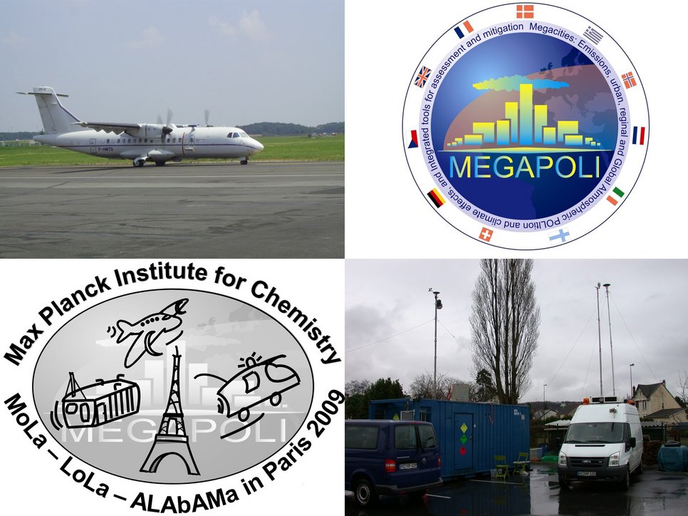 MEGAPOLI: ATR aircraft during MEGAPOLI 2009 (top left), mobile laboratory (MoLa) and local laboratory (LoLa) during MEGAPOLI 2010. Pictures: J. Schneider, MPIC.