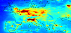 Mittelwert der Stickstoffdioxid (NO2)-Säulen in der Troposphäre über Europa, gemessen mit dem Messinstrument SCIMACHY im Zeitraum 2003–2006.