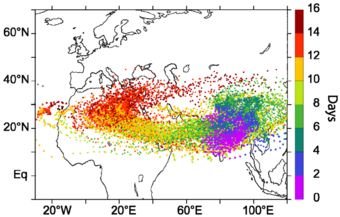 Figure 2. Air parcel transport calculations indicate the number of days since release Figure 2. Air parcel transport calculations indicate the number of days since release