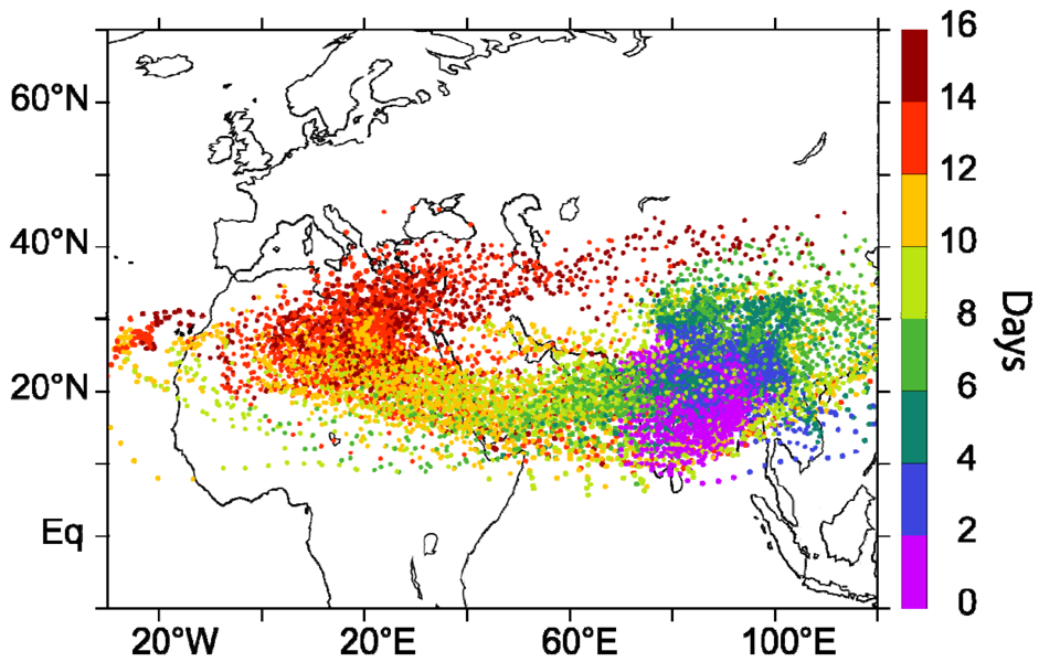 Figure 2. Air parcel transport calculations indicate the number of days since release