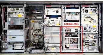 This instrumented container is installed about 6-10 times per year in the Lufthansa airbus A340-600 and conducts 4 consecutive flights before returning to KIT. The CARIBIC-AMS is indicated by the red box. Picture: F. Obersteiner, KIT. This instrumented container is installed about 6-10 times per year in the Lufthansa airbus A340-600 and conducts 4 consecutive flights before returning to KIT. The CARIBIC-AMS is indicated by the red box. Picture: F. Obersteiner, KIT.