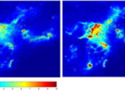 Troposphärisches Stickstoffdioxid (1015 Moleküle/cm2) über dem Fernen Osten, ausgewertet aus den GOME-Satellitendaten zwischen 1999 und 2004 (links) und SCIAMACHY-Satellitendaten zwischen Januar 2003 und Juni 2004 (rechts).