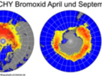 Verteilung des bodennahen Bromoxids im polaren Frühjahr 2006 (links: April 2006, rechts: September 2006). Die Verteilung wurde aus Messungen des Satelliteninstruments SCIAMACHY berechnet und zeigt stark erhöhte Bromoxid-Konzentrationen über Meereis und in Küstennähe. Verteilung des bodennahen Bromoxids im polaren Frühjahr 2006 (links: April 2006, rechts: September 2006). Die Verteilung wurde aus Messungen des Satelliteninstruments SCIAMACHY berechnet und zeigt stark erhöhte Bromoxid-Konzentrationen über Meereis und in Küstennähe.