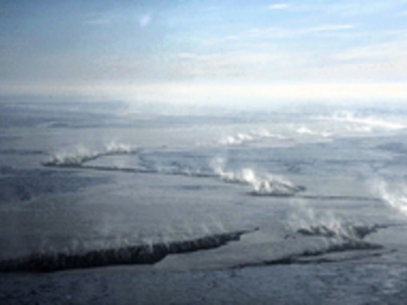 Meereis in der Framstraße nördlich von Spitzbergen. Meereis wirkt als Isolator zwischen dem relativ warmen Ozean und der kalten Atmosphäre. Der Stoff- und Wärmeaustausch an Stellen von eisfreien Rinnen ist auf dem Foto zu sehen: Seerauch dampft aus den Rinnen im Meereis. Foto aus etwa 500 m Höhe, 1998.