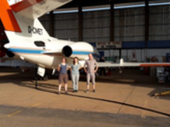 Team of the MPI for Chemistry (A. Batenburg, C. Schulz, J. Schneider) at Lomé, Togo, in front of the research aircraft Falcon. Team of the MPI for Chemistry (A. Batenburg, C. Schulz, J. Schneider) at Lomé, Togo, in front of the research aircraft Falcon.