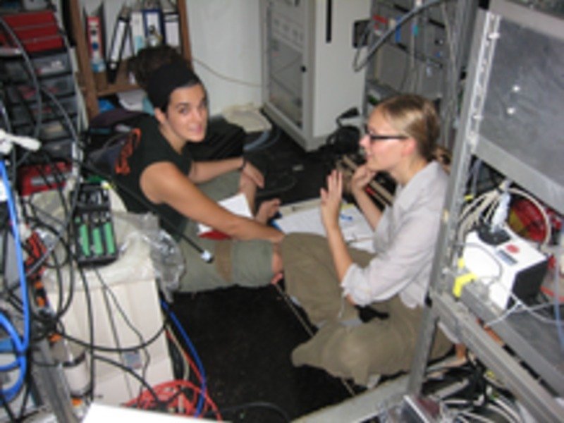 Analyzing data: Ana Maria Yáñez-Serrano (MPI for Chemistry and INPA) and Anke Nölscher (California Institute of Technology) in the measuring container in the middle of the Brazilian rainforest.