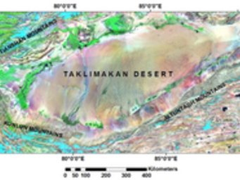 Satelliten-Aufnahme (Landsat) der Taklamakan-Wüste. Die große braune Fläche zeigt die Wüste, die grüne Flächen zeigen die Vegetation der umliegenden Oasen und die blauen Flächen in dem Gebirgen zeigen Schnee. Satelliten-Aufnahme (Landsat) der Taklamakan-Wüste. Die große braune Fläche zeigt die Wüste, die grüne Flächen zeigen die Vegetation der umliegenden Oasen und die blauen Flächen in dem Gebirgen zeigen Schnee.