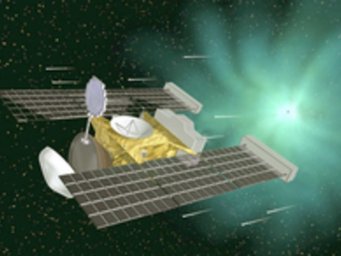 Stardust auf dem Weg durchs All: Der ausgeklappte „Staubfänger” der Sonde ist auf dieser Illustration deutlich zu sehen. Stardust auf dem Weg durchs All: Der ausgeklappte „Staubfänger” der Sonde ist auf dieser Illustration deutlich zu sehen.