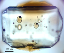 Olivine crystals from Mauna Loa volcano, Hawaii. The brown ovals are solidified, glassy inclusions trapped as droplets of melt by the growing olivine crystal. They contain strontium isotope ratios which are inherited from 500 million year old seawater. The black dots are gas inclusions. Olivine crystals from Mauna Loa volcano, Hawaii. The brown ovals are solidified, glassy inclusions trapped as droplets of melt by the growing olivine crystal. They contain strontium isotope ratios which are inherited from 500 million year old seawater. The black dots are gas inclusions.