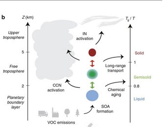 This chart shows how the phase state of secondary organic aerosols changes depending on altitude and temperature. Whether the particles are liquid, semisolid (viscous) or solid (glassy) has strong implications for their chemical fate, long-range transport and their influence on the formation on clouds. This chart shows how the phase state of secondary organic aerosols changes depending on altitude and temperature.