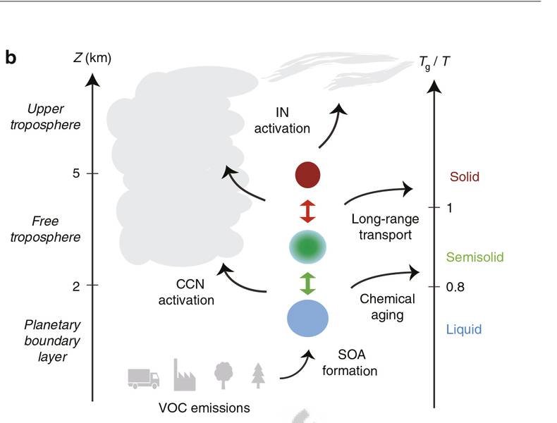 Die Grafik zeigt, wie sich der Phasenzustand der sekundären organischen Aerosole in Abhängigkeit von Höhe und Temperatur ändert.
