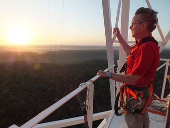 A view from the ATTO climate measuring tower over the Brazilian rainforest. Meinrat O. Andreae, the Director of the Max Planck Institute for Chemistry in Mainz, is retiring. Meinrat O. Andreae, Director Emeritus at MPIC, taking a view from the ATTO climate measuring tower over the Brazilian rainforest.