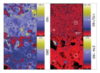 Detected for the first time: Image (b) shows a hotspot comprising an approximately 130-nanometre silicate stardust grain. Many stardust grains of this size only become visible when using the reduced ion beam. The image shows the isotope abundances of oxygen 16 (a) and silicon 28 (c) as well as the ratios of oxygen 17 to oxygen 16 (b) and of aluminum 27 to oxygen 16 (d) for a 5 by 5 micrometre-sized region in the QUE 99177 meteorite, which was found in Antarctica in 1999. Four panels showing isotopic distribution maps for oxygen, silicon, and aluminum, with color scales indicating concentration levels.
