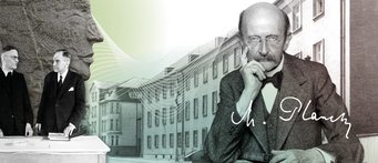 On February 26, 2018, the Max Planck Society is celebrating the 70th anniversary of its foundation. Two men behind a desk appear next to a large carved stone face, with a historical building and abstract lines in the background. Max Planck featured on the right.