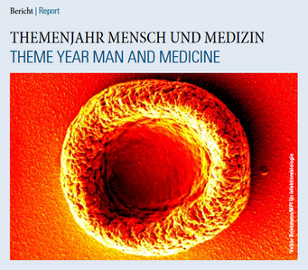 Newsletter Deckblatt 4/2015. Ein rotes Blutkörperchen (Erythrocyt) unter dem Elektronenmikroskop betrachtet (coloriert).