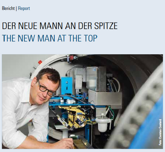 Front page newsletter 1/2019 showing the new MPIC director Gerald H. Haug in front of a measure device.