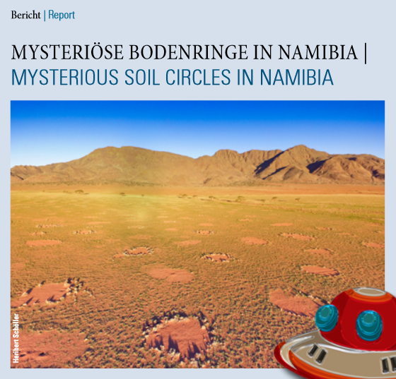Newsletter front page 3/2017. Mysterious soil circles in Namibian desert landscape.