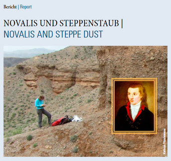 Newsletter front page 1/2017. Person next to rocky cliff, examining items on the ground.