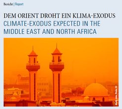 Newsletter front page 2/2016. Two minarets under an orange sky, cityscape in the Middle East, climate concerns highlighted.