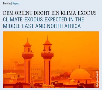 Newsletter front page 2/2016. Two minarets under an orange sky, cityscape in the Middle East, climate concerns highlighted.