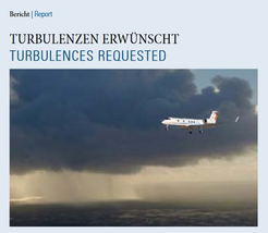 Newsletter front page 3/2014. A small passenger aircraft flies close to dark storm clouds, part of a report titled "Turbulences Requested," illustrating atmospheric research.