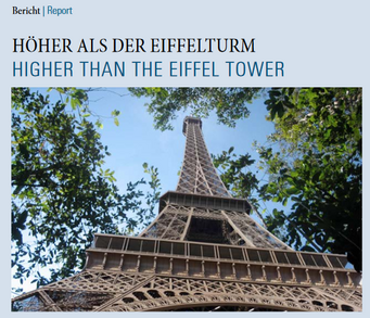 Newsletter front page 2/2014. Eiffel Tower viewed from below, surrounded by green foliage against a clear sky.