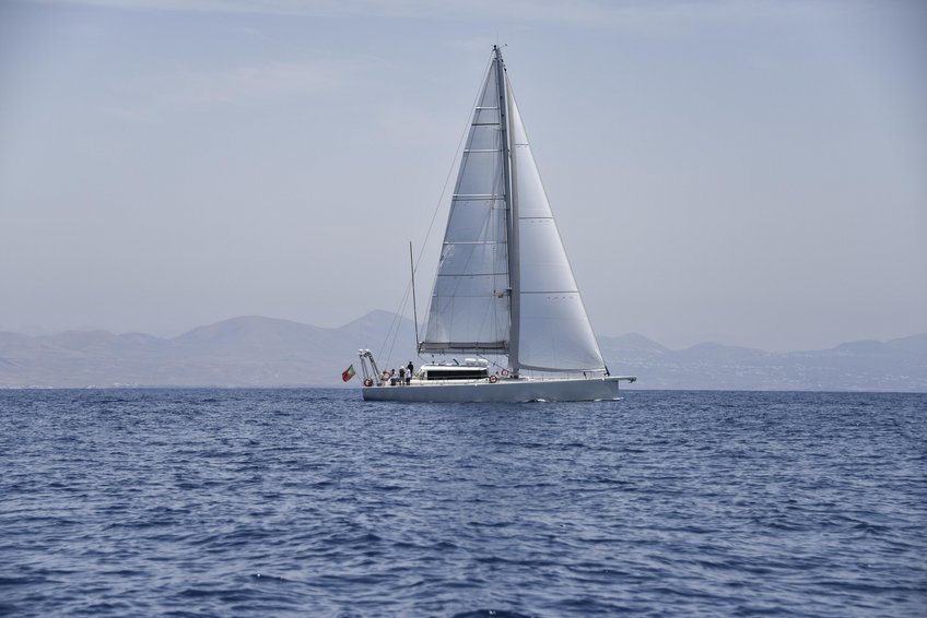 The vessel Eugen Seibold The research yacht Eugen Seibold on the high seas with sails hoisted. Hilly countryside in the background.