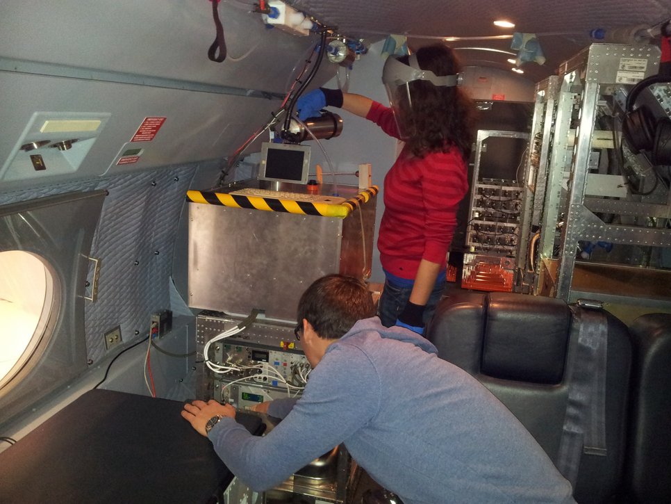People working an instruments in an airplane during a campaign.