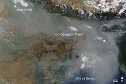 An enormous cloud of pollution over South Asia: The Atmospheric Brown Cloud is created during the winter months every year by the combustion of biomass and fossil fuels. Source: NASA, Jeff Schmaltz, LANCE/EOSDIS Rapid Response