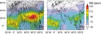 Modelling results illustrate atmospheric pollution over South Asia. The left figure shows carbon monoxide emissions (CO) at an altitude of 12 to 17 kilometres, on the right is the same visualization but without emissions from South Asia. The figure on the left also shows the winds over the region, clearly revealing the anticyclone created by the monsoon. Source: MPI for Chemistry Modelling results illustrate atmospheric pollution over South Asia. The left figure shows carbon monoxide emissions (CO) at an altitude of 12 to 17 kilometres, on the right is the same visualization but without emissions from South Asia. The figure on the left also shows the winds over the region, clearly revealing the anticyclone created by the monsoon.
