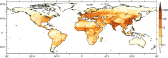 Annually, 4.55 million people lose their lives due to ambient air pollution. The graphic shows the mortality rate in individual per area of 1,000 km2 and year. Source: MPI for Chemistry World map illustrating population density with varying brown hues, highlighting densely populated regions.