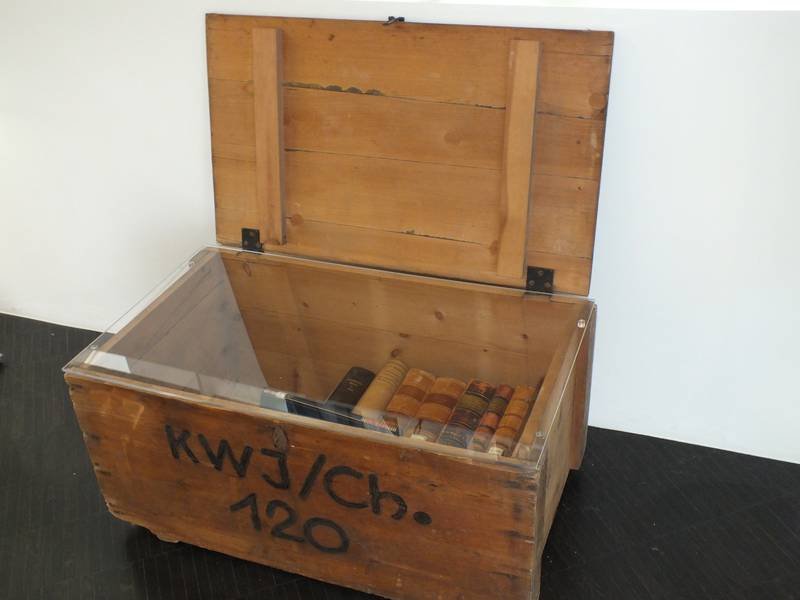 Wooden storage chest with an open top, holding a collection of vintage books protected by a clear cover.