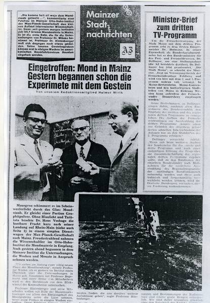 Newspaper page with headlines about moon experiments in Mainz and a minister's letter on the third TV program.