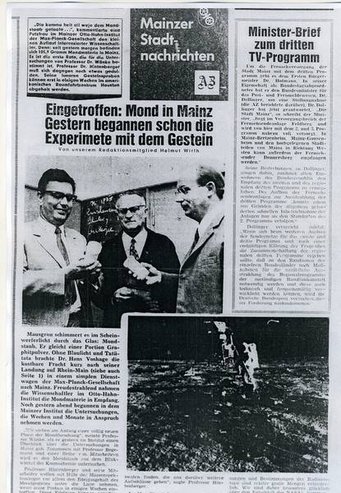 The Mainz city news reports on 19.9.1969 about the moon samples, which is to be examined at the MPI for Chemistry. Source: Herbert Palme Newspaper page with headlines about moon experiments in Mainz and a minister's letter on the third TV program.