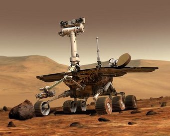 Mars-Rover. Source: Daniel Maas Six-wheeled Mars rover equipped with a robotic arm and camera mast on a reddish rocky surface.
