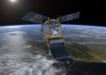 The TROPOMI instrument on board the Sentinel-5P research satellite measures a variety of pollutants, including nitrogen oxides. Researchers at the Max Planck Institute for Chemistry have now been able to use the data to significantly improve the identification and quantification of nitrogen oxide sources. Source: E.S.A A satellite featuring extended solar panels orbits above Earth's surface, capturing a view of land and ocean with the sun partially illuminating the scene.