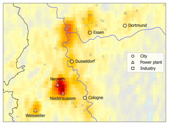 Nitrogen oxide emissions in the northern Rhineland region. Analysis of averaged satellite data obtained from April to October 2018 using the new method clearly distinguishes the emissions produced by the Niederaussem and Neurath lignite-fired power plants from those of the cities of Cologne and Düsseldorf. Source: MPIC, S. Beirle Map of North Rhine-Westphalia showing power plants, cities like Cologne, and industrial areas with color-coded density.