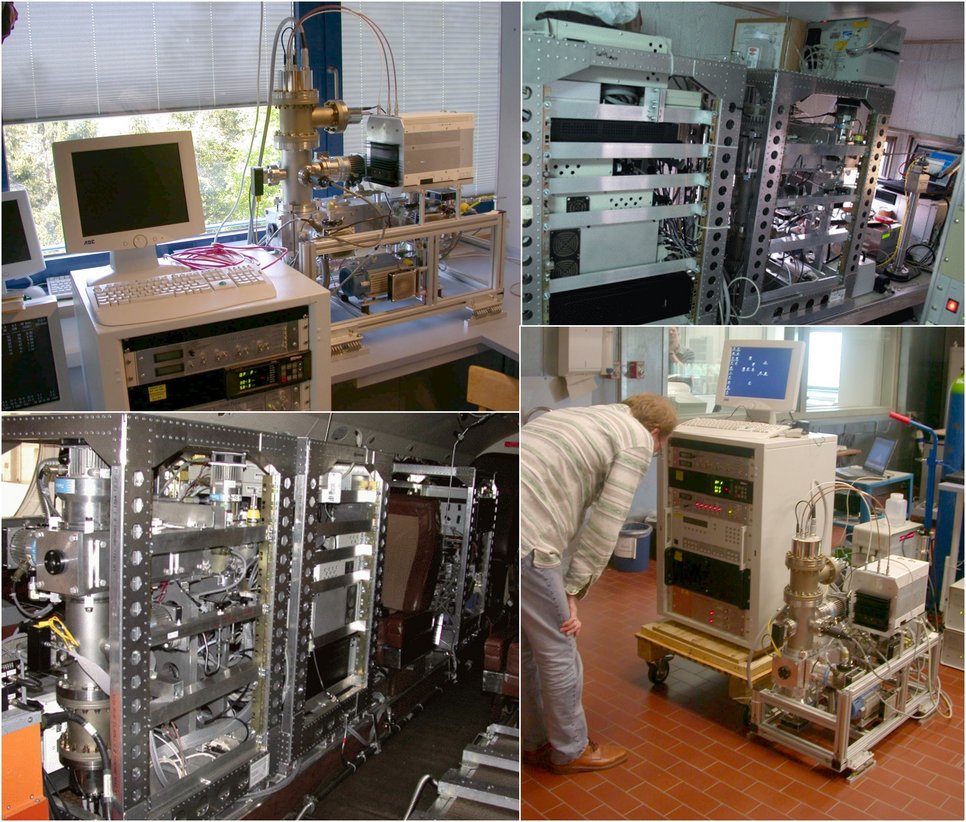 Q-AMS: Original configuration (upper left: Hohenpeißenberg during HAZE, lower right: engine test facility), and two-rack aircraft configuration (upper right: Puerto Rico during RICO-PRACS, lower left: in Falcon during PAZI). Pictures: J. Schneider.