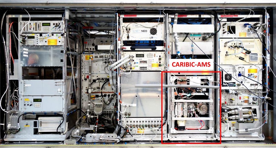 This instrumented container is installed about 6-10 times per year in the Lufthansa airbus A340-600 and conducts 4 consecutive flights before returning to KIT. The CARIBIC-AMS is indicated by the red box. Picture: F. Obersteiner, KIT.