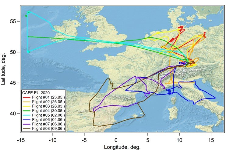 Flight tracks of the eight measurement flights conducted by HALO during CAFE-EU. (c) K. Kaiser Flight tracks of the eight measurement flights conducted by HALO during CAFE-EU. (c) K. Kaiser