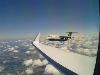 The British research aircraft FAAM seen from HALO during an intercomparison flight in summer 2017. Picture: K. Kaiser, MPIC. The British research aircraft FAAM seen from HALO during an intercomparison flight in summer 2017. Picture: K. Kaiser, MPIC.