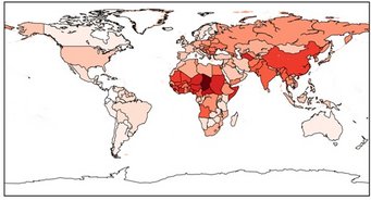 Luftverschmutzung beeinträchtigt die Lebenserwartung weltweit. Die Grafik zeigt den berechneten durchschnittlichen Verlust der Lebenserwartung in Jahren auf globaler und Länderebene. Der weltweite Durchschnitt lag im Jahr 2015 bei 2,9 Jahren. Weltkarte mit Ländern, die in verschiedenen Rottönen gefärbt sind, um unterschiedliche Werte oder Indikatoren zu visualisieren, wobei dunklere Töne höhere Werte darstellen.