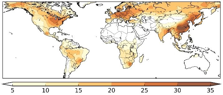 Weltkarte mit globalen Stickstoffdepositionsraten. Gebiete in Nordamerika, Europa und Asien zeigen hohe Werte zwischen 25 und 35 kg/ha. Skala reicht von 5 bis 35.