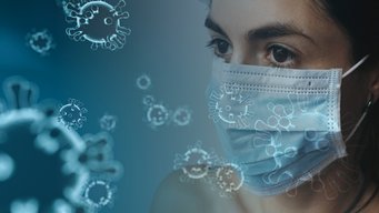 The image features several virus-like illustrations against a blue gradient background, suggesting a focus on virology or a health-related theme. On the right side: a dark haired woman with dark brown eyes wearing a face mask.