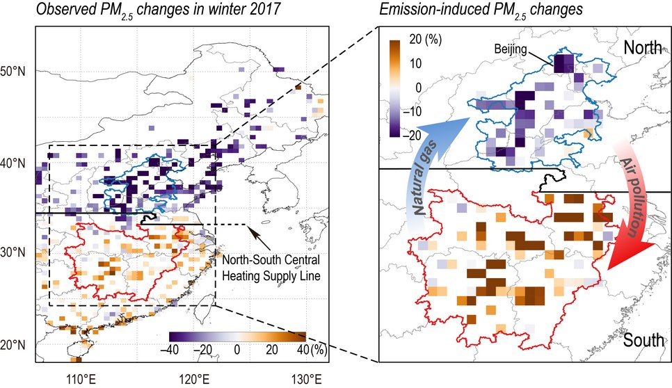 Visualization of PM2.5 variations across China in winter 2017, illustrating regional differences due to heating supply lines, emission-induced changes, and natural gas usage, with specific focus on Beijing's air pollution levels.