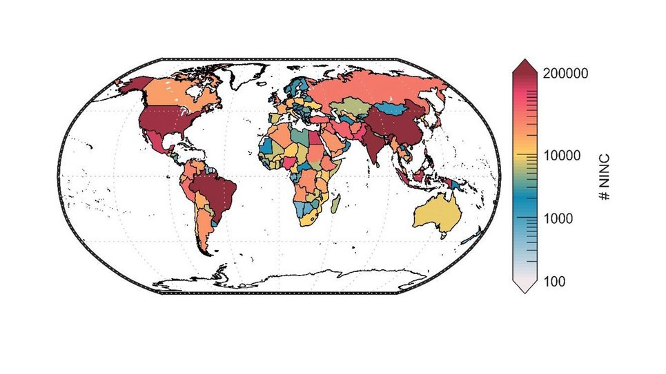 Graphic NO2-related new incident cases of asthma among children and adolescents (NINC) per year from exposure to ambient air pollution by countries.