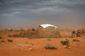 Ignoring the signals of climate change and continuing business-as-usual will lead to extreme and life-threatening heatwaves in the Middle East and North Africa Region predicts a new study. Dry, reddish soil, scree, dusty bushes, straw hut. On the right side of the image: people. The image conveys a sense of extreme dryness and heat.